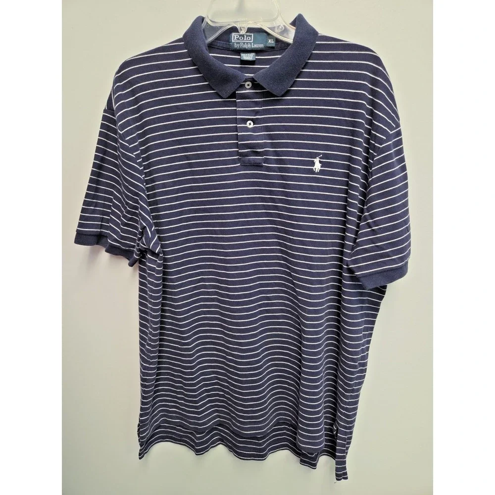 Polo Ralph Lauren Mens XL Striped Polo SS Shirt Navy Cotton White Pony Logo